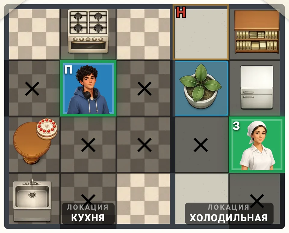 Дело «Кто съел торт»: двое подозреваемых на своих местах, а у Назара осталась одна клетка у фикуса — она отмечена буквой «Н»